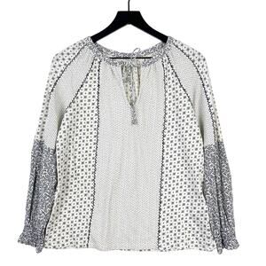 Lucky Brand Medium Cotton Boho Keyhole Knit Top Stretch White Black Polka Dot